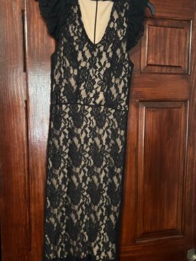 Black Lace Overlay Midi Dress with Nude Lining